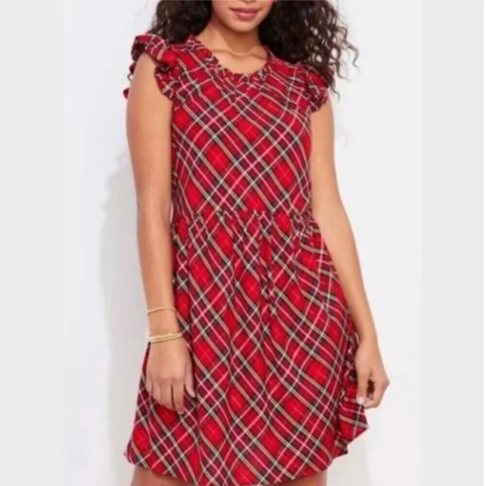 Vineyard Vines Tartan Plaid Ruffle Sleeve Tiered Holiday Red Green Dress Size 14